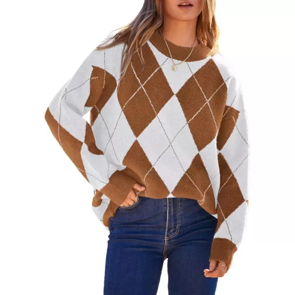 imageBTFBM Womens Argyle Plaid Pullover Crew Neck Casual Long Sleeve Christmas Sweater Oversized Fall Winter Knit Jumper TopArgyle Dark Khaki