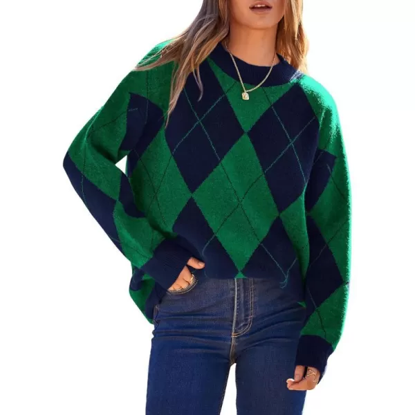 imageBTFBM Womens Argyle Plaid Pullover Crew Neck Casual Long Sleeve Christmas Sweater Oversized Fall Winter Knit Jumper TopArgyle Green