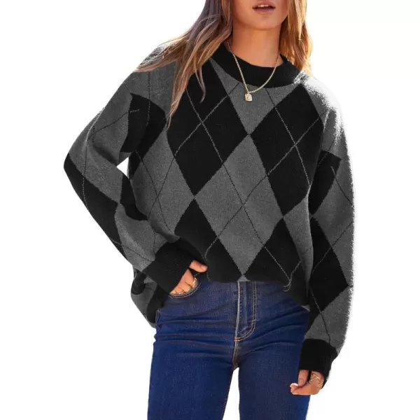 imageBTFBM Womens Argyle Plaid Pullover Crew Neck Casual Long Sleeve Christmas Sweater Oversized Fall Winter Knit Jumper TopArgyle Grey