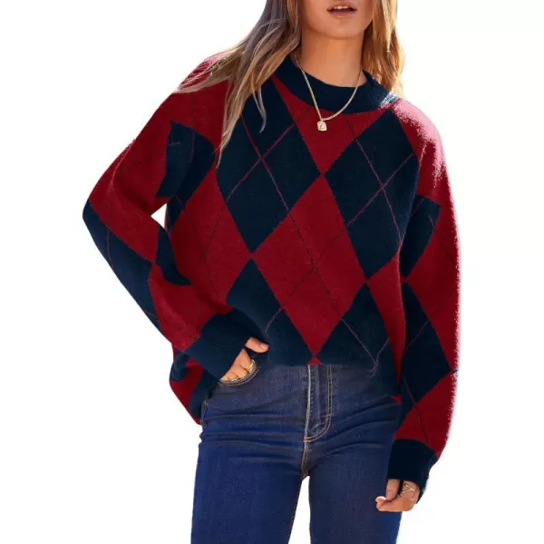 imageBTFBM Womens Argyle Plaid Pullover Crew Neck Casual Long Sleeve Christmas Sweater Oversized Fall Winter Knit Jumper TopArgyle Red