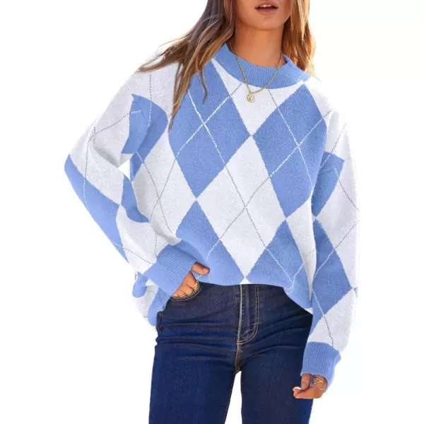imageBTFBM Womens Argyle Plaid Pullover Crew Neck Casual Long Sleeve Christmas Sweater Oversized Fall Winter Knit Jumper TopArgyle Sky Blue