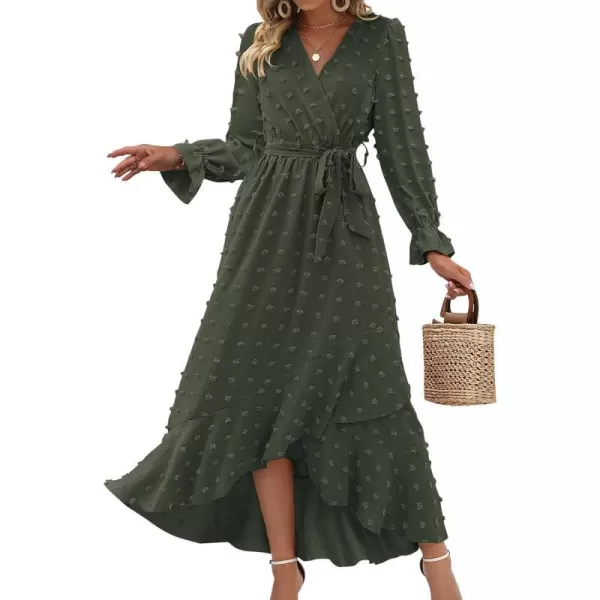 imageBTFBM Womens Boho Cocktail Maxi Dress 2023 Fall Fashion V Neck Swiss Dot Long Sleeve Flowy Slit Wedding Party DressesSwiss Dot Army Green