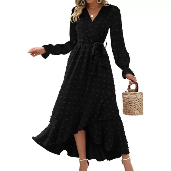 imageBTFBM Womens Boho Cocktail Maxi Dress 2023 Fall Fashion V Neck Swiss Dot Long Sleeve Flowy Slit Wedding Party DressesSwiss Dot Black
