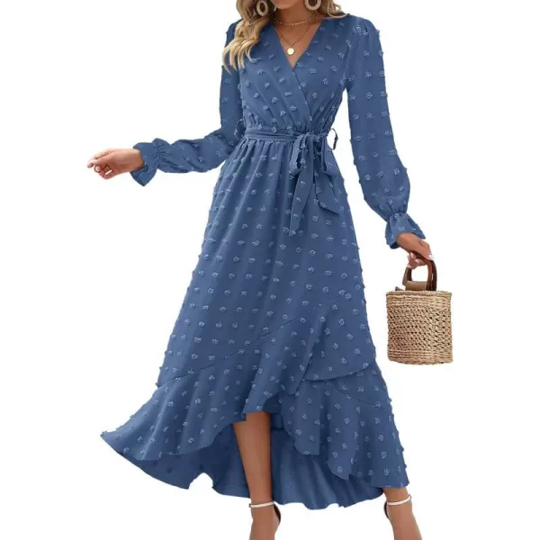 imageBTFBM Womens Boho Cocktail Maxi Dress 2023 Fall Fashion V Neck Swiss Dot Long Sleeve Flowy Slit Wedding Party DressesSwiss Dot Blue