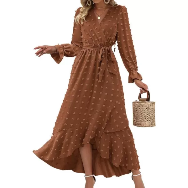 imageBTFBM Womens Boho Cocktail Maxi Dress 2023 Fall Fashion V Neck Swiss Dot Long Sleeve Flowy Slit Wedding Party DressesSwiss Dot Brown