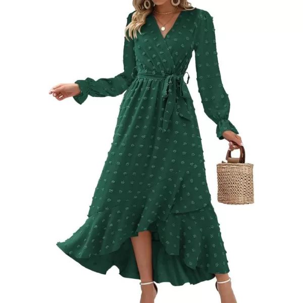 imageBTFBM Womens Boho Cocktail Maxi Dress 2023 Fall Fashion V Neck Swiss Dot Long Sleeve Flowy Slit Wedding Party DressesSwiss Dot Dark Green