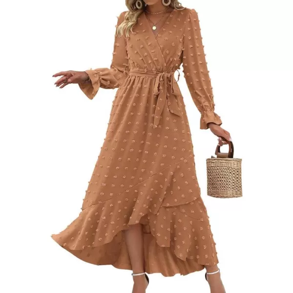 imageBTFBM Womens Boho Cocktail Maxi Dress 2023 Fall Fashion V Neck Swiss Dot Long Sleeve Flowy Slit Wedding Party DressesSwiss Dot Khaki