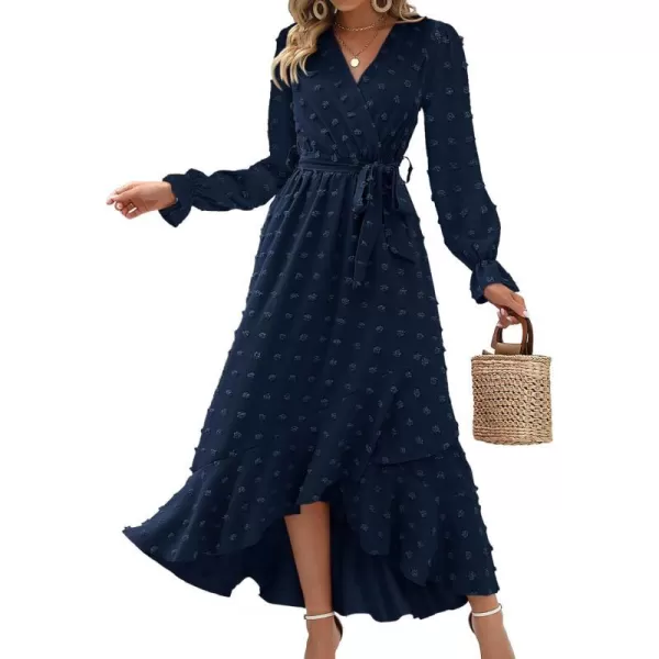 imageBTFBM Womens Boho Cocktail Maxi Dress 2023 Fall Fashion V Neck Swiss Dot Long Sleeve Flowy Slit Wedding Party DressesSwiss Dot Navy