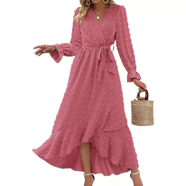 imageBTFBM Womens Boho Cocktail Maxi Dress 2023 Fall Fashion V Neck Swiss Dot Long Sleeve Flowy Slit Wedding Party DressesSwiss Dot Pink