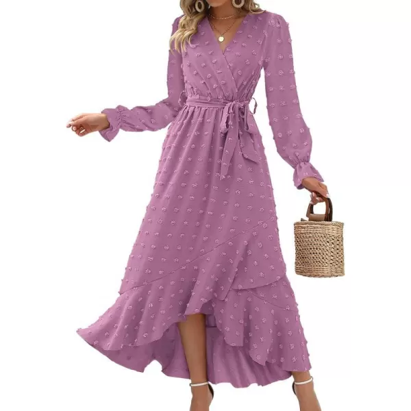 imageBTFBM Womens Boho Cocktail Maxi Dress 2023 Fall Fashion V Neck Swiss Dot Long Sleeve Flowy Slit Wedding Party DressesSwiss Dot Purple