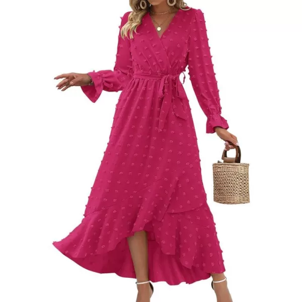 imageBTFBM Womens Boho Cocktail Maxi Dress 2023 Fall Fashion V Neck Swiss Dot Long Sleeve Flowy Slit Wedding Party DressesSwiss Dot Rose Red