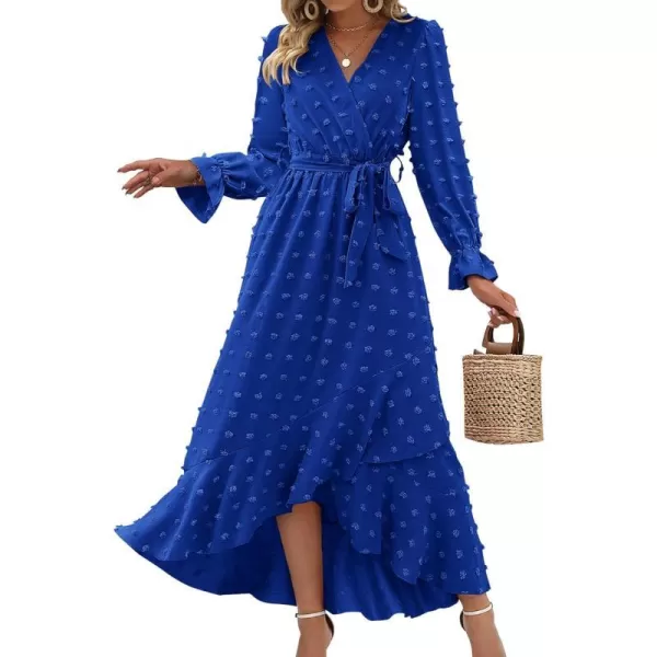 imageBTFBM Womens Boho Cocktail Maxi Dress 2023 Fall Fashion V Neck Swiss Dot Long Sleeve Flowy Slit Wedding Party DressesSwiss Dot Royal Blue