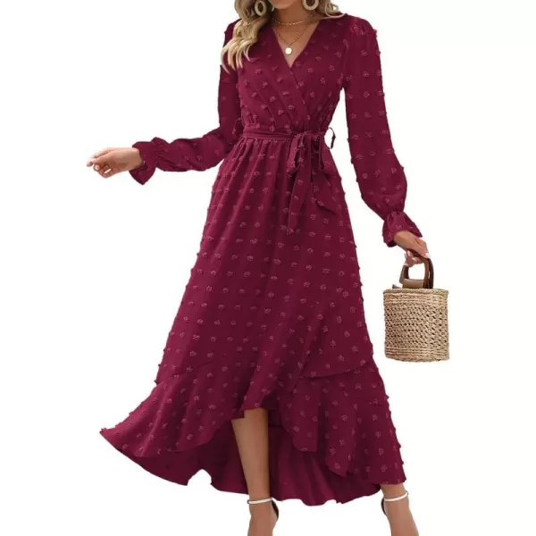 imageBTFBM Womens Boho Cocktail Maxi Dress 2023 Fall Fashion V Neck Swiss Dot Long Sleeve Flowy Slit Wedding Party DressesSwiss Dot Wine Red
