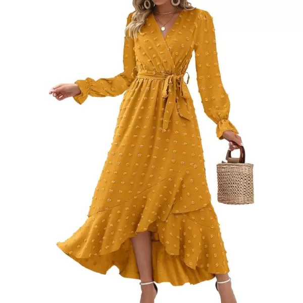 imageBTFBM Womens Boho Cocktail Maxi Dress 2023 Fall Fashion V Neck Swiss Dot Long Sleeve Flowy Slit Wedding Party DressesSwiss Dot Yellow