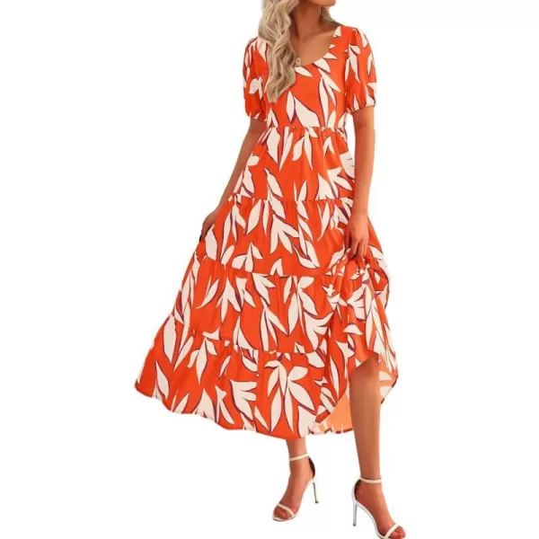 imageBTFBM Womens Boho Summer Dresses Short Sleeve Floral Print Smocked Tie Back Tiered ALine Flowy Cruise Vacation DressFloral Beige Orange