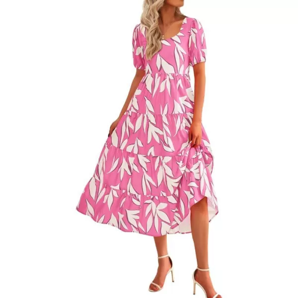 imageBTFBM Womens Boho Summer Dresses Short Sleeve Floral Print Smocked Tie Back Tiered ALine Flowy Cruise Vacation DressFloral Beige Pink