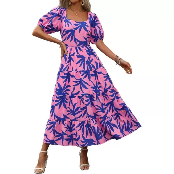 imageBTFBM Womens Boho Summer Dresses Short Sleeve Floral Print Smocked Tie Back Tiered ALine Flowy Cruise Vacation DressFloral Blue Pink