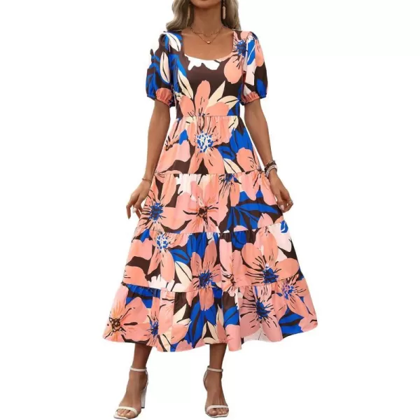 imageBTFBM Womens Boho Summer Dresses Short Sleeve Floral Print Smocked Tie Back Tiered ALine Flowy Cruise Vacation DressFloral Pink Coffee