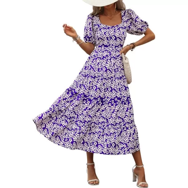 imageBTFBM Womens Boho Summer Dresses Short Sleeve Floral Print Smocked Tie Back Tiered ALine Flowy Cruise Vacation DressFloral White Purple