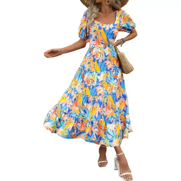 imageBTFBM Womens Boho Summer Dresses Short Sleeve Floral Print Smocked Tie Back Tiered ALine Flowy Cruise Vacation DressMulticolored Blue