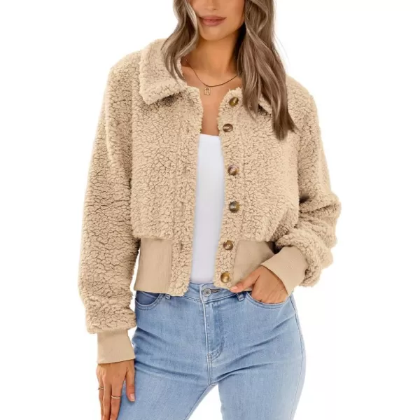 imageBTFBM Womens Button Down Sherpa Shacket Jacket Long Sleeve Faux Fur Warm Fall Winter Outwear Fuzzy Fleece Short CoatsSolid Beige Yellow