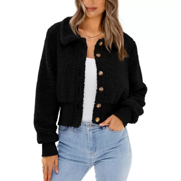 imageBTFBM Womens Button Down Sherpa Shacket Jacket Long Sleeve Faux Fur Warm Fall Winter Outwear Fuzzy Fleece Short CoatsSolid Black