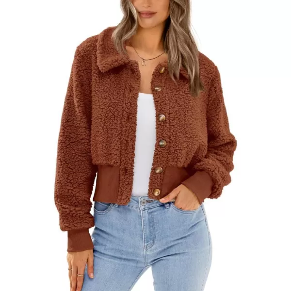 imageBTFBM Womens Button Down Sherpa Shacket Jacket Long Sleeve Faux Fur Warm Fall Winter Outwear Fuzzy Fleece Short CoatsSolid Caramel