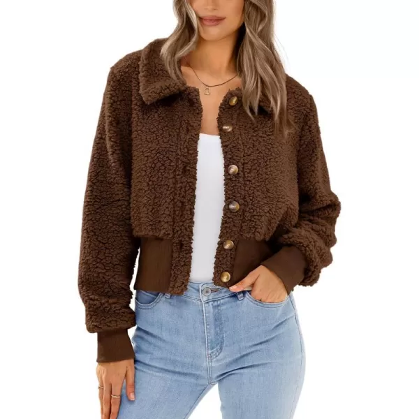imageBTFBM Womens Button Down Sherpa Shacket Jacket Long Sleeve Faux Fur Warm Fall Winter Outwear Fuzzy Fleece Short CoatsSolid Coffee