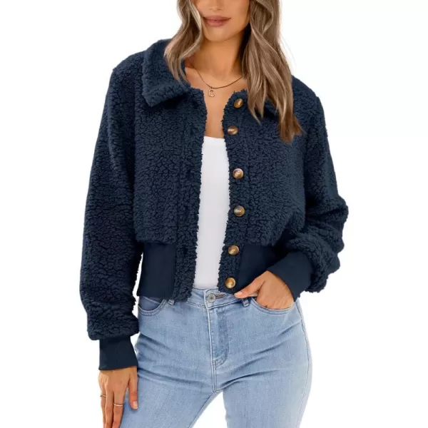 imageBTFBM Womens Button Down Sherpa Shacket Jacket Long Sleeve Faux Fur Warm Fall Winter Outwear Fuzzy Fleece Short CoatsSolid Dark Blue