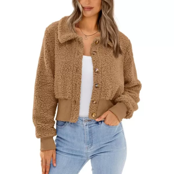 imageBTFBM Womens Button Down Sherpa Shacket Jacket Long Sleeve Faux Fur Warm Fall Winter Outwear Fuzzy Fleece Short CoatsSolid Khaki