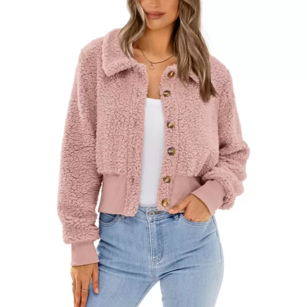 imageBTFBM Womens Button Down Sherpa Shacket Jacket Long Sleeve Faux Fur Warm Fall Winter Outwear Fuzzy Fleece Short CoatsSolid Shrimp Pink