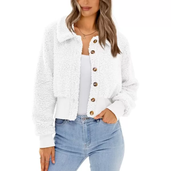 imageBTFBM Womens Button Down Sherpa Shacket Jacket Long Sleeve Faux Fur Warm Fall Winter Outwear Fuzzy Fleece Short CoatsSolid White