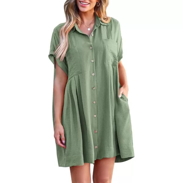 imageBTFBM Womens Button Down Shirt Dress 2024 Summer Short Sleeve V Neck Pleated Flowy Casual Babydoll Tunics Tops PocketsSolid Bean Green