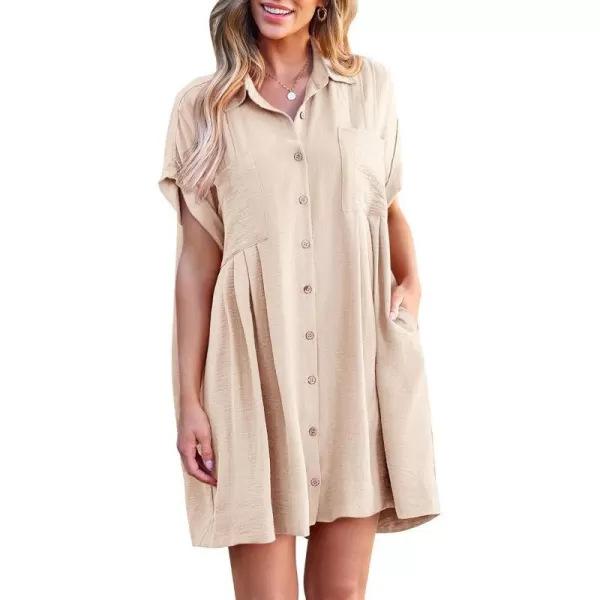 imageBTFBM Womens Button Down Shirt Dress 2024 Summer Short Sleeve V Neck Pleated Flowy Casual Babydoll Tunics Tops PocketsSolid Beige