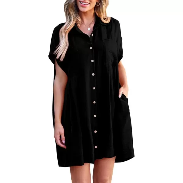 imageBTFBM Womens Button Down Shirt Dress 2024 Summer Short Sleeve V Neck Pleated Flowy Casual Babydoll Tunics Tops PocketsSolid Black