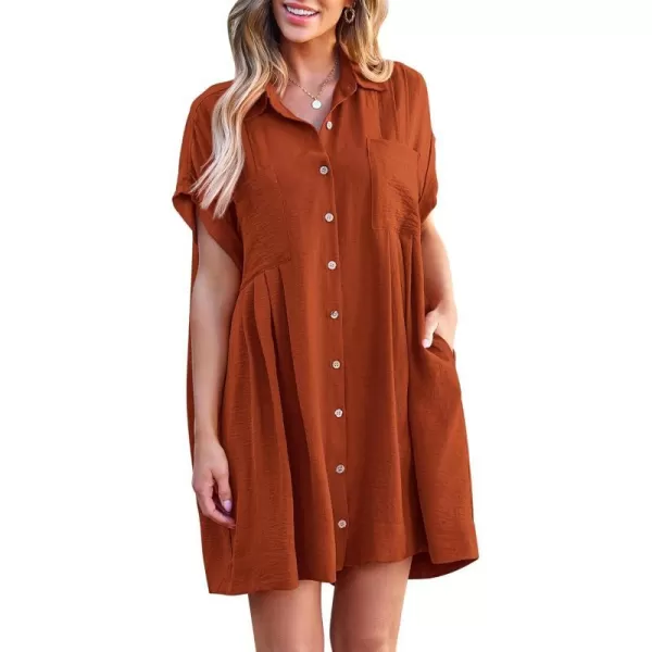imageBTFBM Womens Button Down Shirt Dress 2024 Summer Short Sleeve V Neck Pleated Flowy Casual Babydoll Tunics Tops PocketsSolid Brick Red