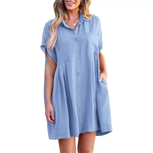 imageBTFBM Womens Button Down Shirt Dress 2024 Summer Short Sleeve V Neck Pleated Flowy Casual Babydoll Tunics Tops PocketsSolid Light Blue