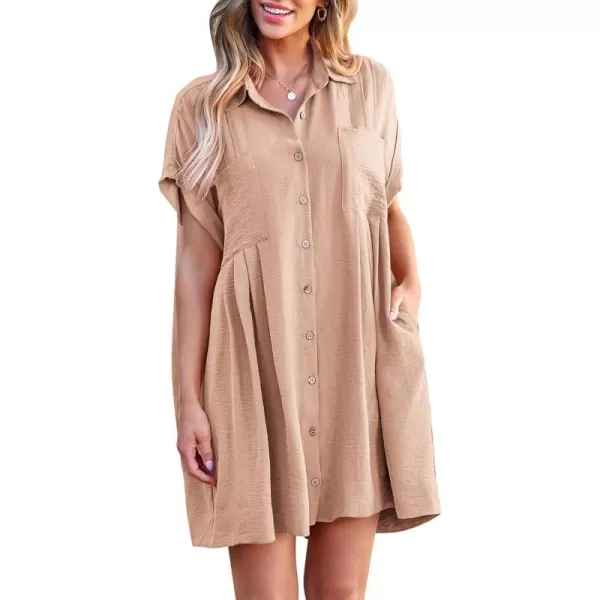 imageBTFBM Womens Button Down Shirt Dress 2024 Summer Short Sleeve V Neck Pleated Flowy Casual Babydoll Tunics Tops PocketsSolid Light Khaki