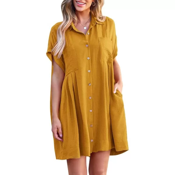 imageBTFBM Womens Button Down Shirt Dress 2024 Summer Short Sleeve V Neck Pleated Flowy Casual Babydoll Tunics Tops PocketsSolid Yellow