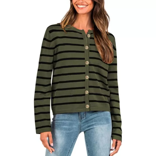 imageBTFBM Womens Cardigans Sweater 2023 Fall Striped Long Sleeve Button Down Cropped Open Front Knit Outerwear Deco PocketsStriped Army Green Black