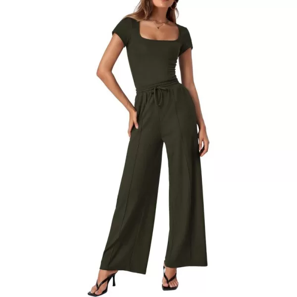imageBTFBM Womens Casual 2 Pieces Outfits Square Neck Short Sleeve Ribbed Bodysuit Jumpsuit Drawstring Pants Sets TracksuitsSolid Army Green