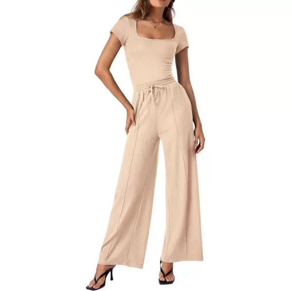 imageBTFBM Womens Casual 2 Pieces Outfits Square Neck Short Sleeve Ribbed Bodysuit Jumpsuit Drawstring Pants Sets TracksuitsSolid Beige