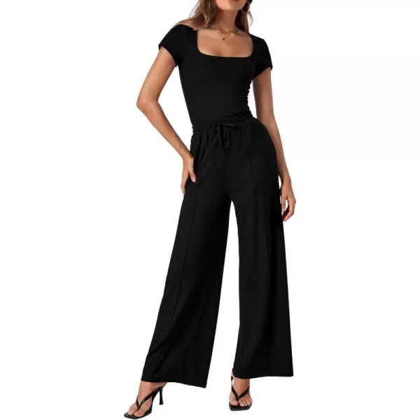 imageBTFBM Womens Casual 2 Pieces Outfits Square Neck Short Sleeve Ribbed Bodysuit Jumpsuit Drawstring Pants Sets TracksuitsSolid Black