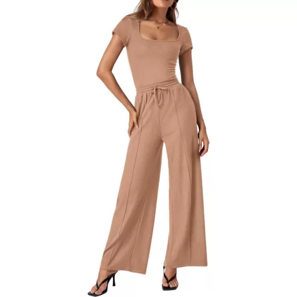 imageBTFBM Womens Casual 2 Pieces Outfits Square Neck Short Sleeve Ribbed Bodysuit Jumpsuit Drawstring Pants Sets TracksuitsSolid Khaki