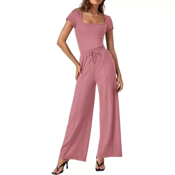 imageBTFBM Womens Casual 2 Pieces Outfits Square Neck Short Sleeve Ribbed Bodysuit Jumpsuit Drawstring Pants Sets TracksuitsSolid Pink