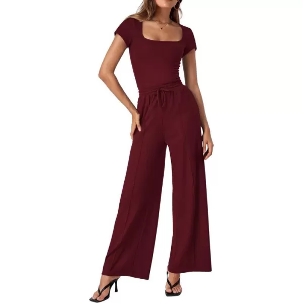 imageBTFBM Womens Casual 2 Pieces Outfits Square Neck Short Sleeve Ribbed Bodysuit Jumpsuit Drawstring Pants Sets TracksuitsSolid Rose Red