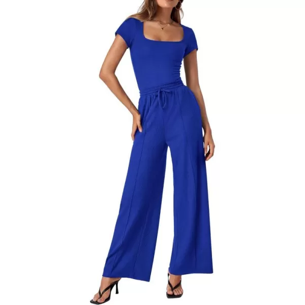 imageBTFBM Womens Casual 2 Pieces Outfits Square Neck Short Sleeve Ribbed Bodysuit Jumpsuit Drawstring Pants Sets TracksuitsSolid Royal Blue