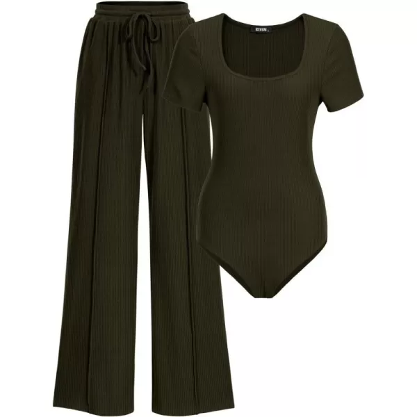 imageBTFBM Womens Casual 2 Pieces Outfits Square Neck Short Sleeve Shapewear Bodysuit Drawstring Pants Knit Matching SetsSolid Army Green