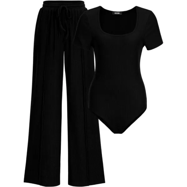 imageBTFBM Womens Casual 2 Pieces Outfits Square Neck Short Sleeve Shapewear Bodysuit Drawstring Pants Knit Matching SetsSolid Black