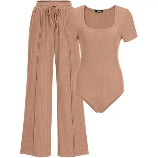 imageBTFBM Womens Casual 2 Pieces Outfits Square Neck Short Sleeve Shapewear Bodysuit Drawstring Pants Knit Matching SetsSolid Khaki